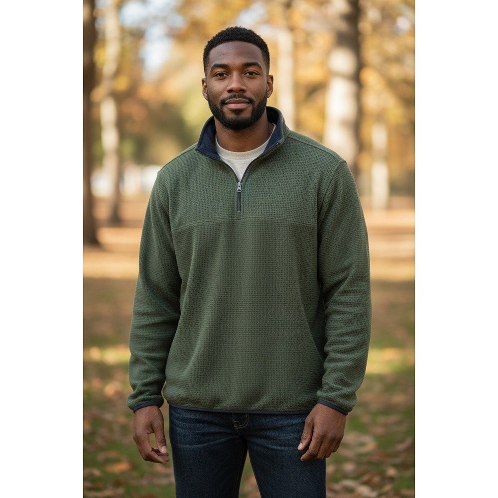 RedHead Mens Large Olive Green Waffle Knit Quarter Zip Grid waffle knit Pullover